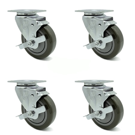 Service Caster 4 Inch Gray Polyurethane Wheel Swivel Top Plate Caster Set with Brake SCC SCC-20S414-PPUB-TLB-TP2-4